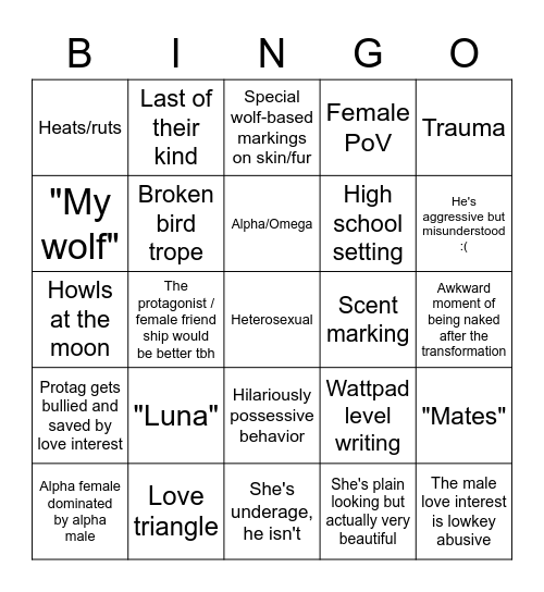 Shitty Werewolf Fanfic Bingo Card