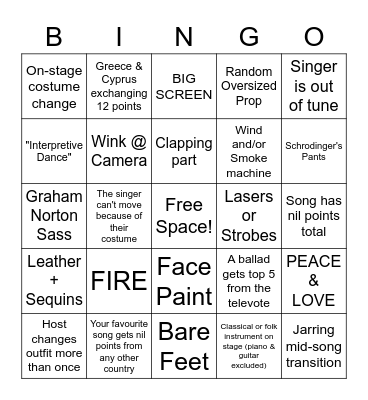 Eurovision Song Contest 2023 Bingo Card