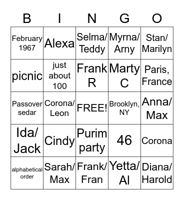 Purim Cousin's Club Bingo Card