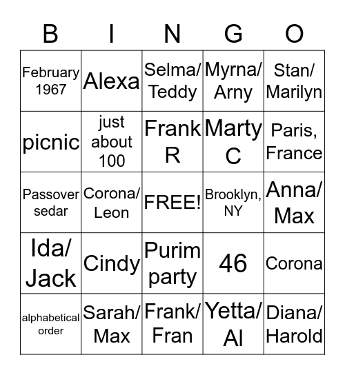 Purim Cousin's Club Bingo Card