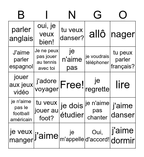 Les activités - mots Bingo Card