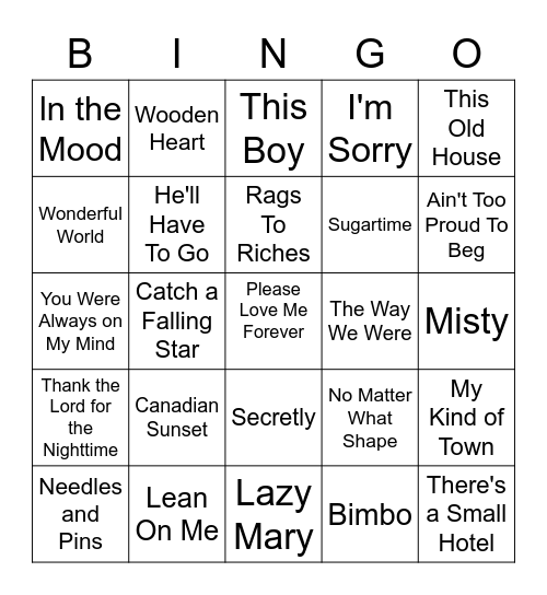 Music Bingo #1   Hodgepodge Bingo Card