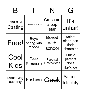 Teenagers Bingo Card