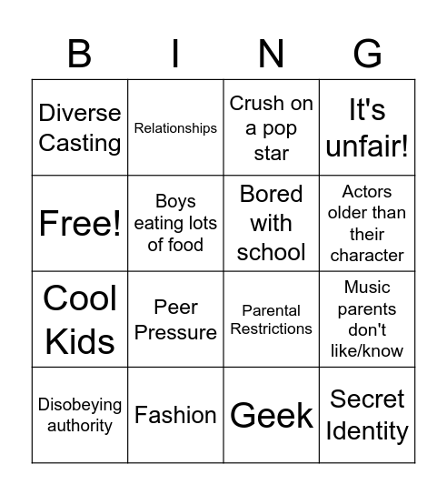 Teenagers Bingo Card