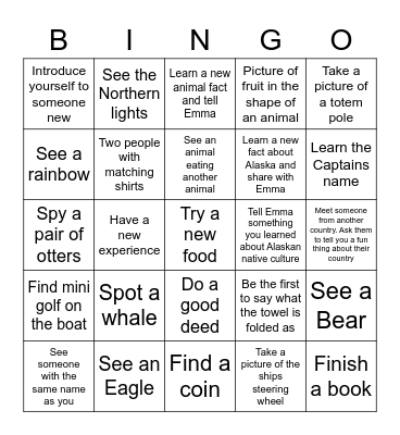 Alaska Cruise Bingo Card