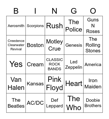Classic Rock Bands Bingo Card