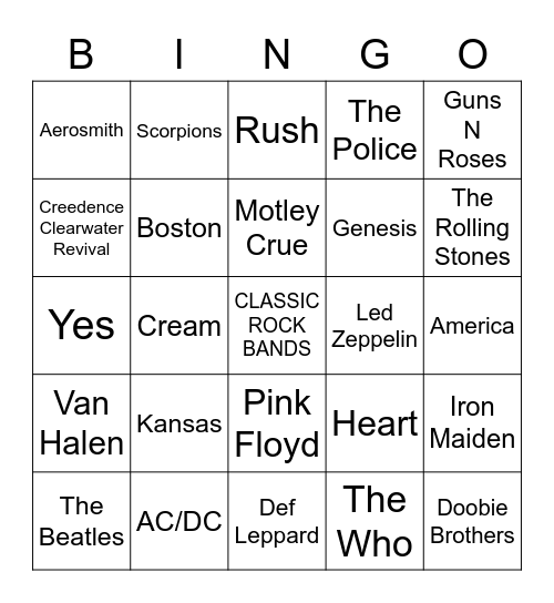 Classic Rock Bands Bingo Card