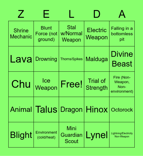 Zelda BotW Bingo Card Bingo Card
