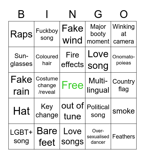 Eurovision Bingo Card