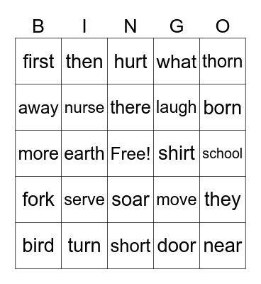 /er/ /ir/ /ur/ Bingo Card