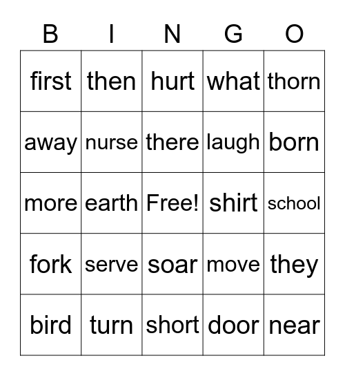 /er/ /ir/ /ur/ Bingo Card
