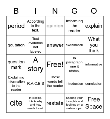 Writing Bingo Card