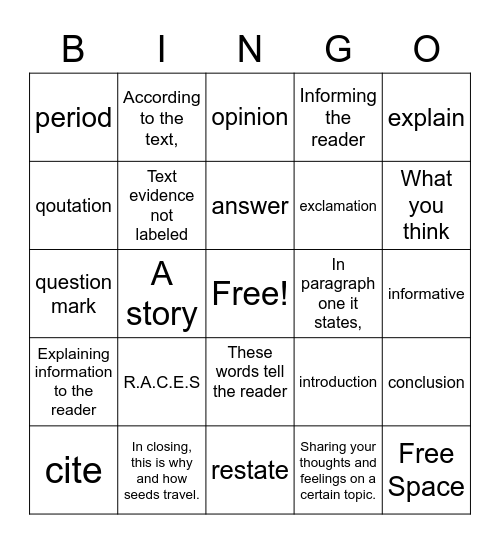 Writing Bingo Card