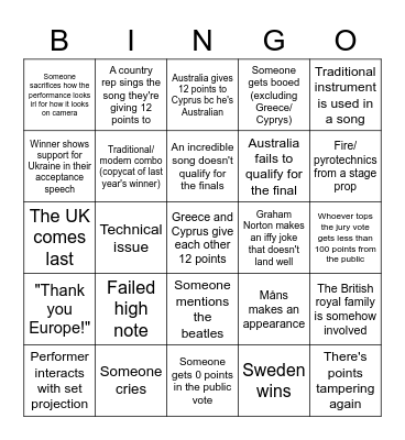 Eurovision 2023 Bingo Card