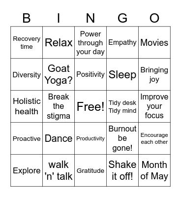 Wellbeing Bingo Card