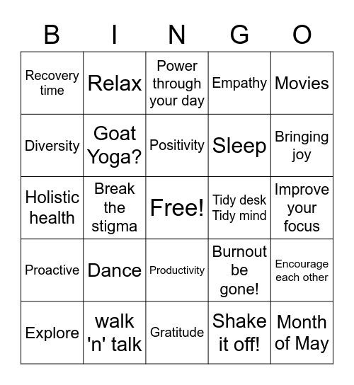 Wellbeing Bingo Card