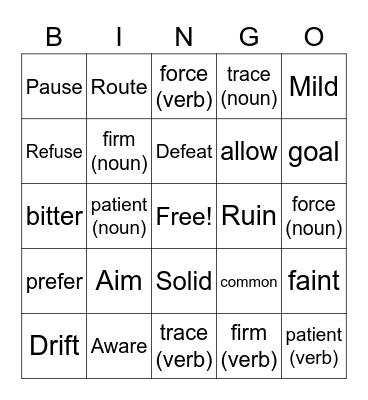 Vocabulary Bingo Card