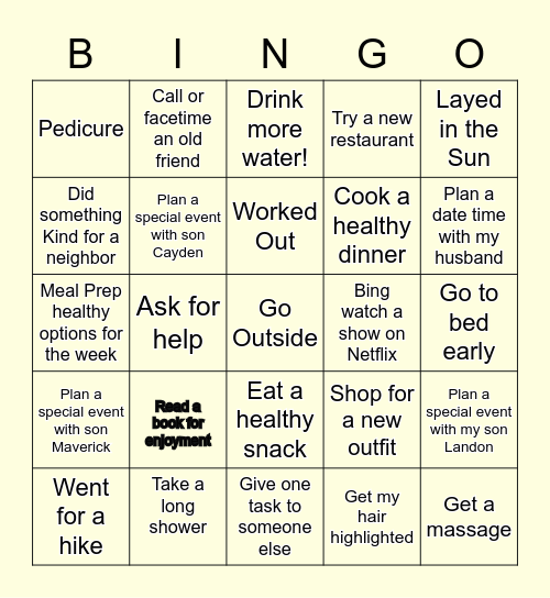 Self Care Bingo Card