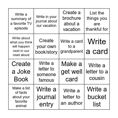 Summer Writing Bingo Card