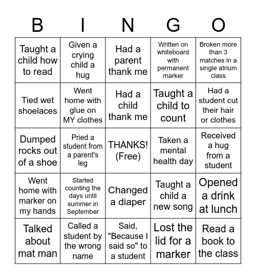 Teacher Appreciation Bingo Card