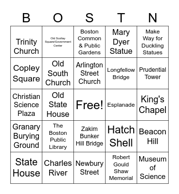 Boston Site Seeing tour! Bingo Card