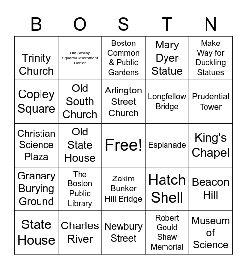 Boston Site Seeing tour! Bingo Card