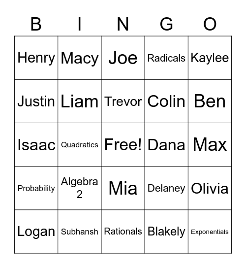 2nd Hour Bingo Card