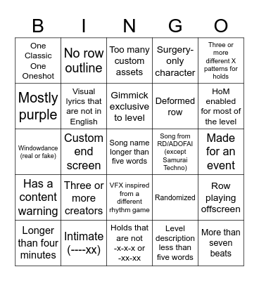 RD Custom Levels Bingo Card