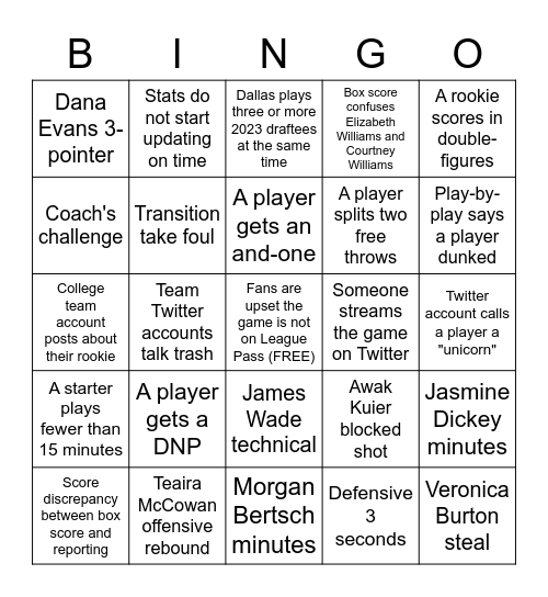 Chicago Sky vs. Dallas Wings preseason 5/5/23 Bingo Card