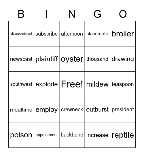 2nd Grade Bingo Card