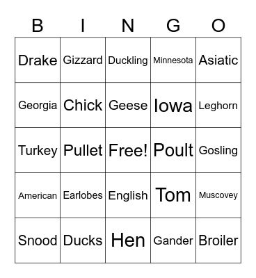 Poultry Bingo Card