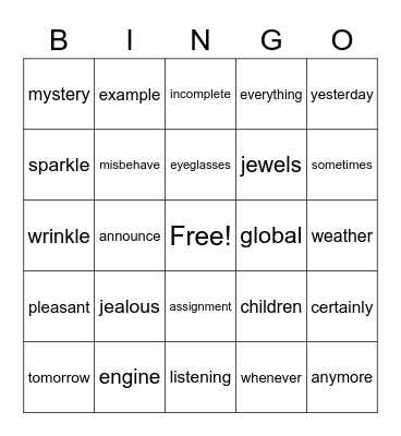 Reading Words Bingo Card