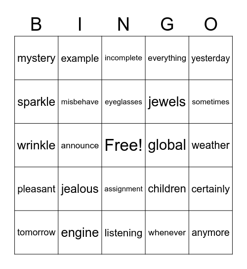 Reading Words Bingo Card