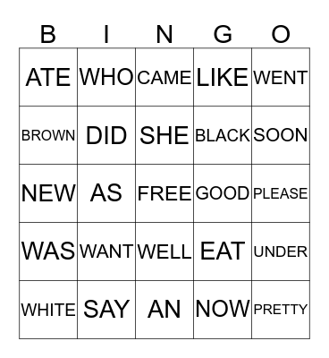 Sight Words Bingo Card