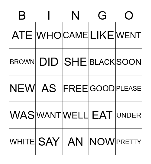Sight Words Bingo Card