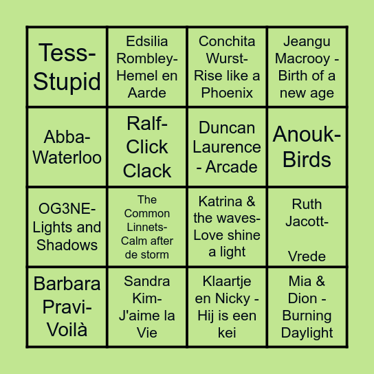 WOS Muziekbingo- Songfestival Bingo Card