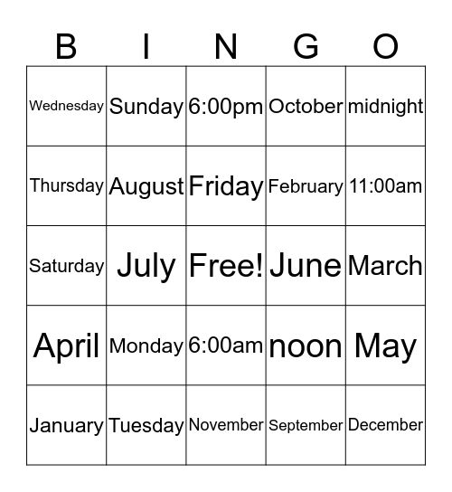 Months, Days, Time  Bingo Card