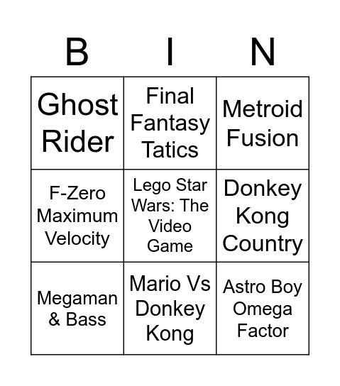 GBA Bingo Card