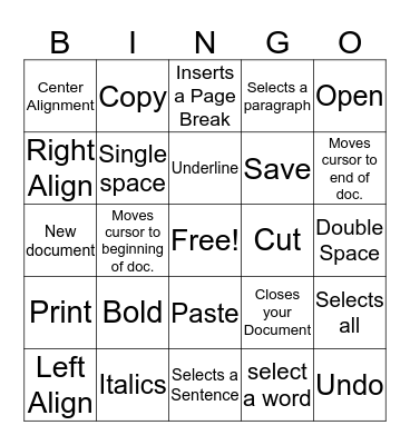 Shortcut Keys Bingo Card