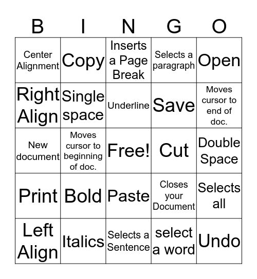 Shortcut Keys Bingo Card