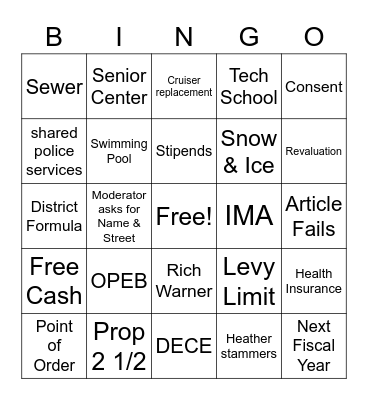 Buckland Town Meeting 2023 Bingo Card
