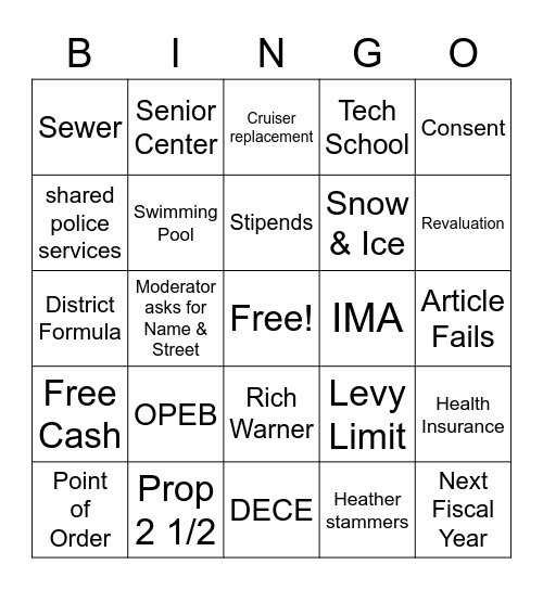 Buckland Town Meeting 2023 Bingo Card