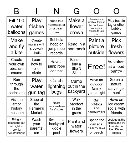 Summer Bingo!! Bingo Card
