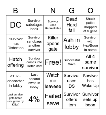 Dead by Daylight Killer Bingo Card
