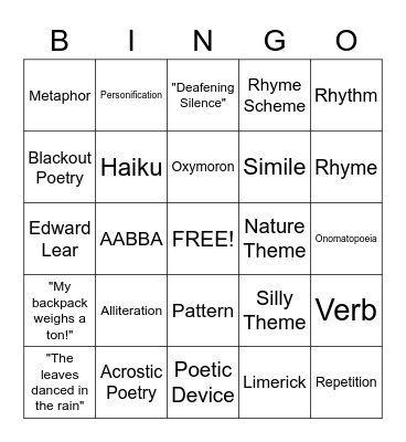 Poetry Bingo Card