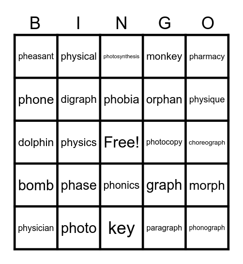 -ph words Bingo Card