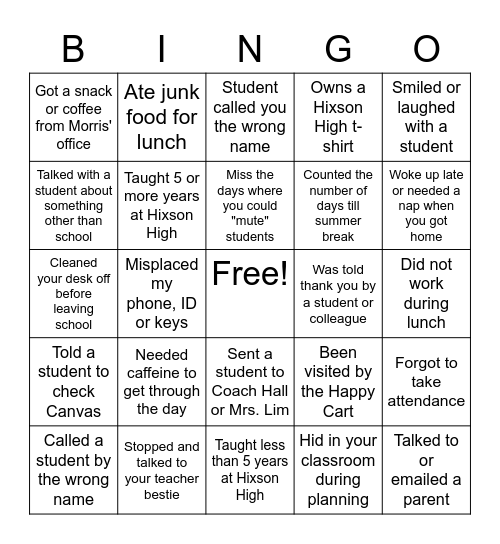 Hixson High - Teacher Appreciation Bingo Card