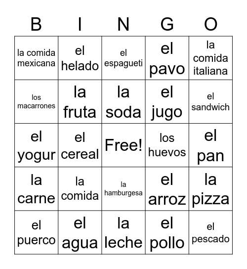 Comidas y Bebidas Bingo Card