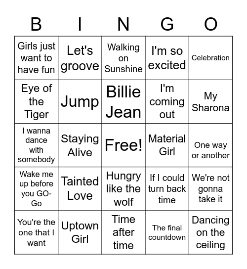 80S BINGO HITS Bingo Card