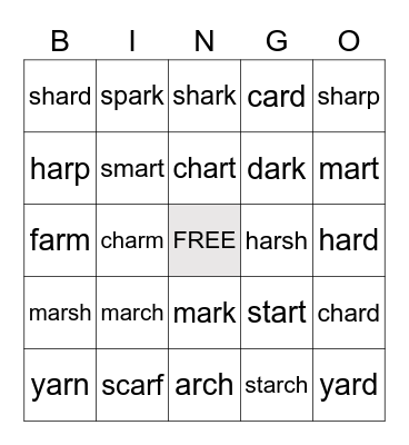'ar' Words Bingo Card